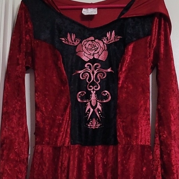 Vintage- Spirit Red and Black Long Sleeve, hooded velvet dress:costume -M:L - Picture 5 of 7